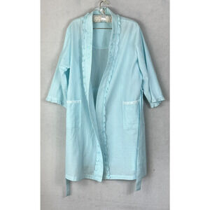 Miss Elaine Seersucker Robe Women's M Cotton Ruffle Blue Striped 3/4 Sleeve